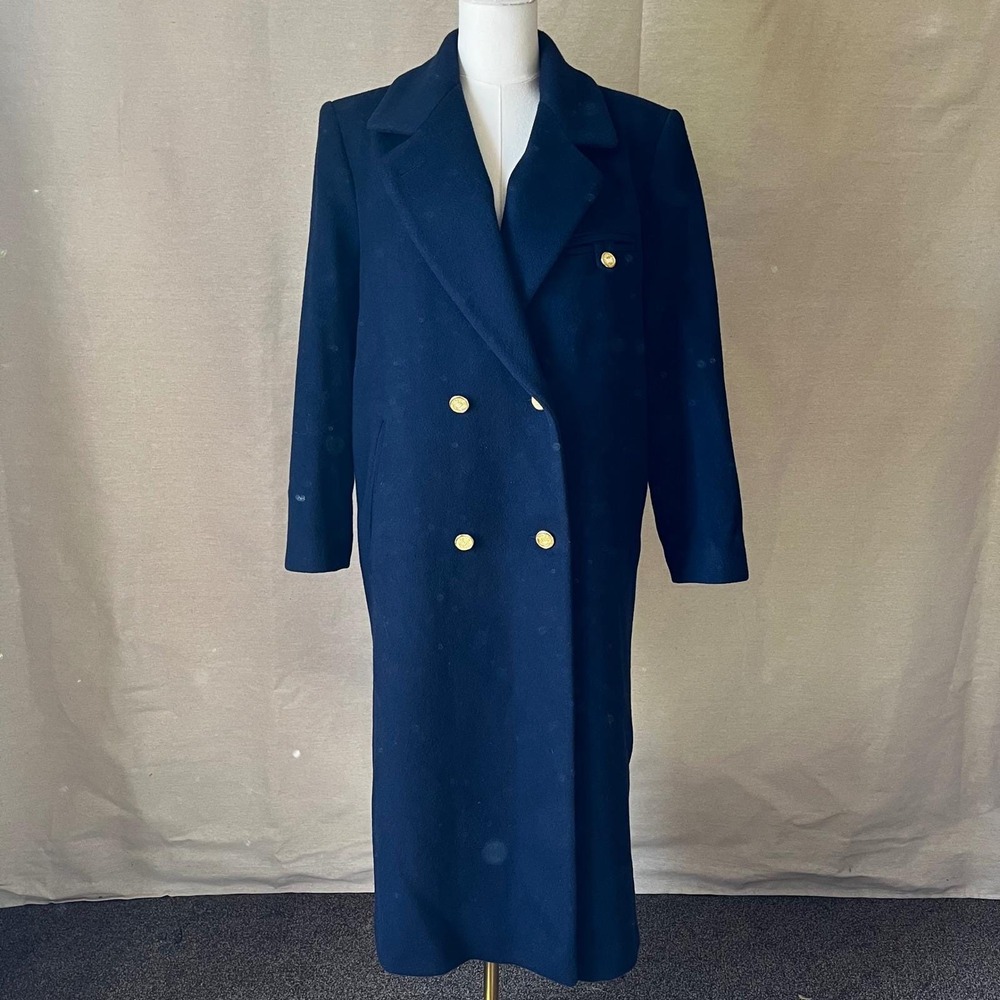 Vintage‎ Forecaster of Boston 100% Wool Navy Blue Long Coat 7/8 Gold Button 80s